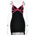 Sexy black bodycon mini dress with pink lace trim and bow straps on a clear mannequin - L / Black Patchwork Pink