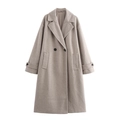 Oatmeal double-breasted long wool coat with notched lapels and flap pockets - XS / Khaki
