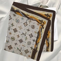 Elegant square silk scarf with caramel paisley and belt pattern on white suit - Four-leaf Clover Scarf / 65
