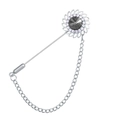 Silver sunflower lapel pin with dark grey gemstone and delicate hanging metal chain - Gray (Silver Base)