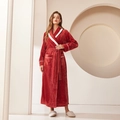Thick red flannel bathrobe for couples with white piping and belted waist design - Burgundy (Women's)