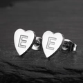Minimalist heart-shaped stainless steel earrings featuring an engraved letter E detail - Letter E / Steel