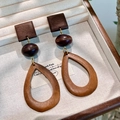 Retro geometric drop earrings with brown wood拼接 and gold plating in jewelry box - 48# Retro Ethnic Style Patchwork Wood Long Drop Earrings (925 Sterling Silver Earring Post)