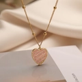18K gold plated necklace with pink heart enamel pendant and sparkling zircons - Pink Striped Enamel Heart