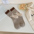 Women's crew socks with alpaca pattern in brown tones and soft combed cotton material - One Size / Lamb
