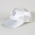 Detail of white satin baseball cap featuring glitter visor and metal letter D ornament - Style 27-White Satin Sequin Label D