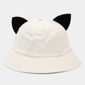 Detailed view of cream canvas bucket hat featuring 3D black cat ear decorations - M (56-58cm) / Beige
