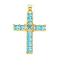 Golden cross pendant with square light blue zircon stones on a white background - Pendant 73 (Gold Light Blue Stone Luxury Cross)