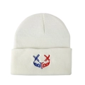 White knitted beanie featuring a blue and red embroidered quirky smiley face design - One Size / White Dual-Color Smiley