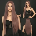 Long straight ash pink synthetic hair wig with middle part for women, three-way view - Purple Brown