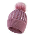 Detailed view of pink knit hat with sequins, soft pom-pom and thick fleece lining - Adult / Deep Pink