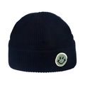 Detail of black ribbed knit beanie with a green fuzzy smiley face patch on the folded brim - M(56-58cm) / Black