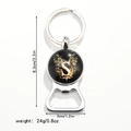 Detail view of letter S metal bottle opener keychain with size and weight dimensions - Letter S