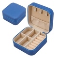 Portable blue PU leather jewelry box with zipper closure and velvet interior sections - Sapphire Blue