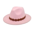 Pink wool fedora hat featuring a brown wavy woven decorative band and flat wide brim - M (56-58cm) / Pink