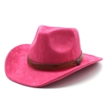 Detail of pink faux suede fedora hat featuring a brown carved band with a metal buckle - M (56-59cm) / Rose Red