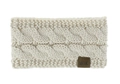 Diadema de invierno de punto trenzado crema con una etiqueta de cuero elegante. - Beige