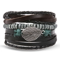 Bracciale multistrato in pelle con perline di legno grigie e ciondolo a foglia argento scuro - Combinazione Perline di Legno Grigio e Foglia Argento (HS1611-11)