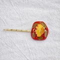 Handmade red resin hair clip with real yellow dried flowers and gold foil accents - Style A (Red Irregular Yellow Flower)