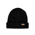 Close-up of black ribbed knit beanie featuring a brown leather patch with a deer logo - 51-53cm / Black