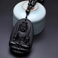 Obsidian Acala Buddhist deity pendant with black beaded chain and gold rune bead - Rooster (Acala) - Pendant Only
