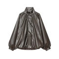 Giacca in pelle PU marrone scuro con collo alto, maniche a sbuffo e silhouette a trapezio - S / Marrone Scuro