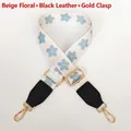 Detail of adjustable floral bag strap with blue flowers and golden metal hooks - Rice Flowers + Black Leather / Silver Hook