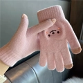Pink knit gloves with touchscreen tips and cute bear embroidery for winter warmth - Bear / Pink