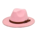 Close-up of pink fedora hat with brown leather band and metal rivets detail - M (56-58cm) / Pink