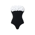 Detail of elegant black one-piece swimsuit featuring 3D white floral petals on the bust - Black Bandeau Swimsuit