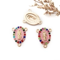Pink Virgin Mary oval alloy charm with colorful rhinestones and gold base for jewelry - 3-Hole Link - Colorful Rhinestone - 16x20mm / Foundation