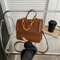 Minimalist brown PU leather square crossbody bag with stylish plastic chain handle - Brown