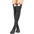 Detail of dark grey over-knee socks featuring 3D Santa Claus doll and knitted cotton texture - One Size / Dark Grey