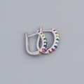 Silver S925 U-shaped hoop earrings featuring a row of colorful multi-gemstone settings - Silver (Rainbow Zirconia)