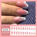 Pink French V-shape press-on nails with glitter and rhinestones, 24 piece almond set - Glue Type / DZ239 Almond French