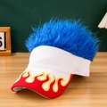 Funny visor hat with blue synthetic wig hair and yellow flame embroidery on red brim - White + Blue Hair
