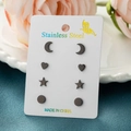 Set di 4 paia di orecchini a lobo in acciaio nero a forma di cuore, luna, stella e disco - Set di 4 Paia / Nero