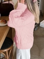 Pink high-neck cable knit sweater for women with casual diamond patterns in a home setting - S / Pink
