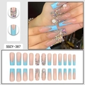 Blue French style press-on nails set with rhinestones and white 3D flowers decoration - Blue and Nude Gradient French Rhinestone Style (SGCY-387)