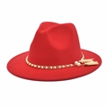 Close-up of red wool fedora hat featuring gold pearl chain and double tassel details - M (56-58cm) / Red