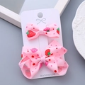 Pink strawberry polka dot handmade ribbon bow hair clips set on display card - Strawberry Print