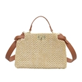 Vintage straw beach handbag with brown leather handles and golden metal twist lock - Dark Brown