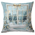 Blue Christmas pillow cover featuring snowy pine tree and golden ornaments print - Window Christmas Scene