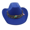 Navy blue felt cowboy hat with ethnic beads turquoise stone and pink fringe - Ethnic Style Decor / Royal Blue