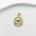 Goldener runder Evil Eye Anhänger mit Emaille-Auge, bunten Zirkonia und Sternen - Emaille Rund Gold DL0076