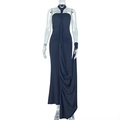 Detail of elegant black backless maxi dress with intricate ruched front draping detail - S / Black
