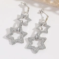 Detail of silver double star drop earrings with full crystal pavé in a geometric fringe style - Silver (ES2737)