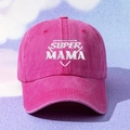 Detailed close-up of Super Mama embroidery on the washed pink cotton baseball cap - One Size / Rose Red