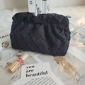 Black woven corduroy dumpling bag with soft pleats and stylish wide texture finish - Black Woven Pattern
