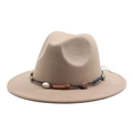 Detail of wool fedora featuring colorful stone beads and bohemian rope hatband decoration - M (56-58cm) / Light Purple Grey